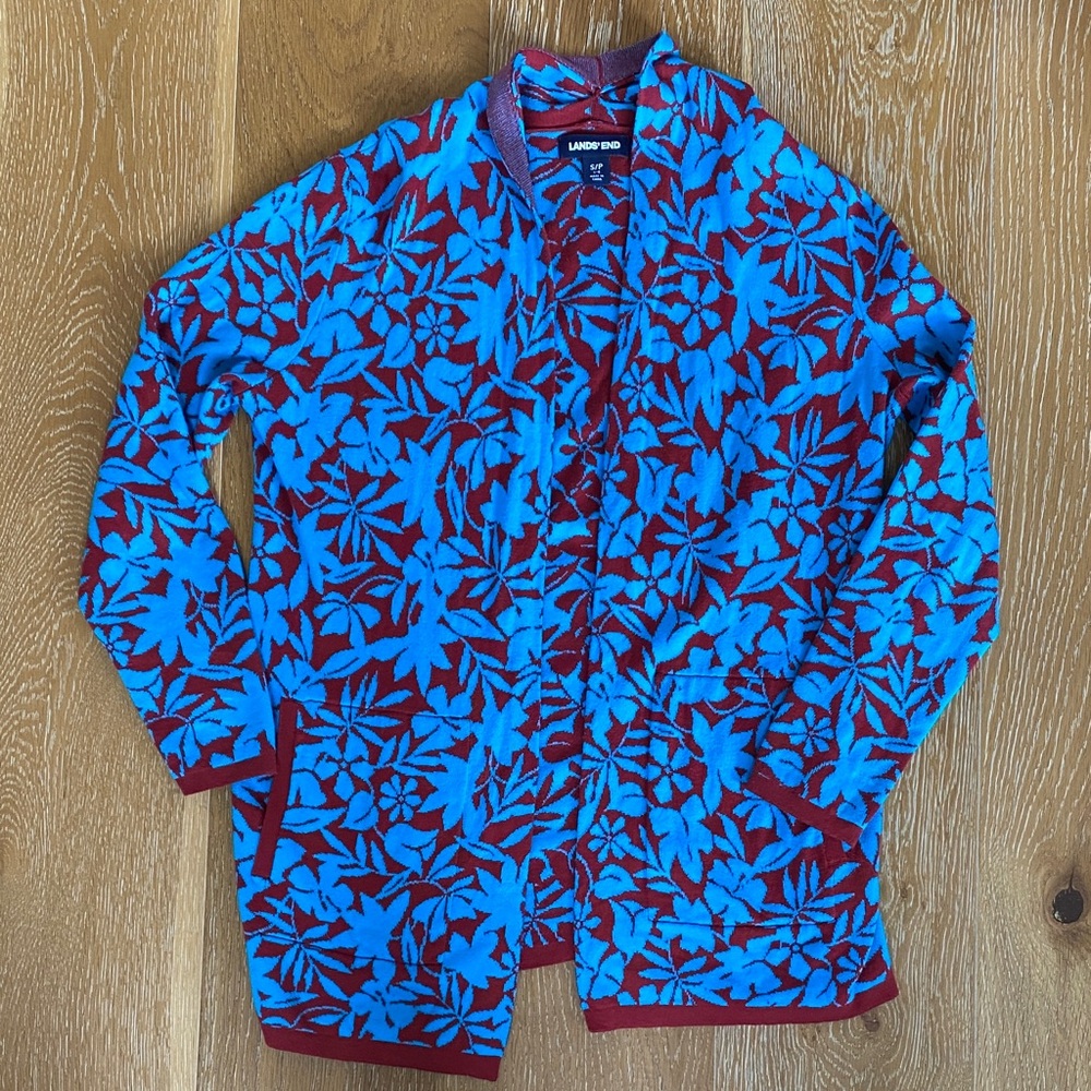 Lands' End Red and Blue Leaf Pattern Cardigan